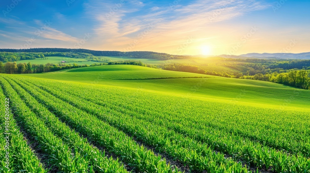 A scenic view of a green field with rolling hills and a sunset in the distance. A scenic view of a green field with rolling hills and a sunset in the distance.