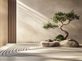Deken met foto Bonsai Zen tuin met harkte zandpatronen en bonsai  © InfiniteStudio
