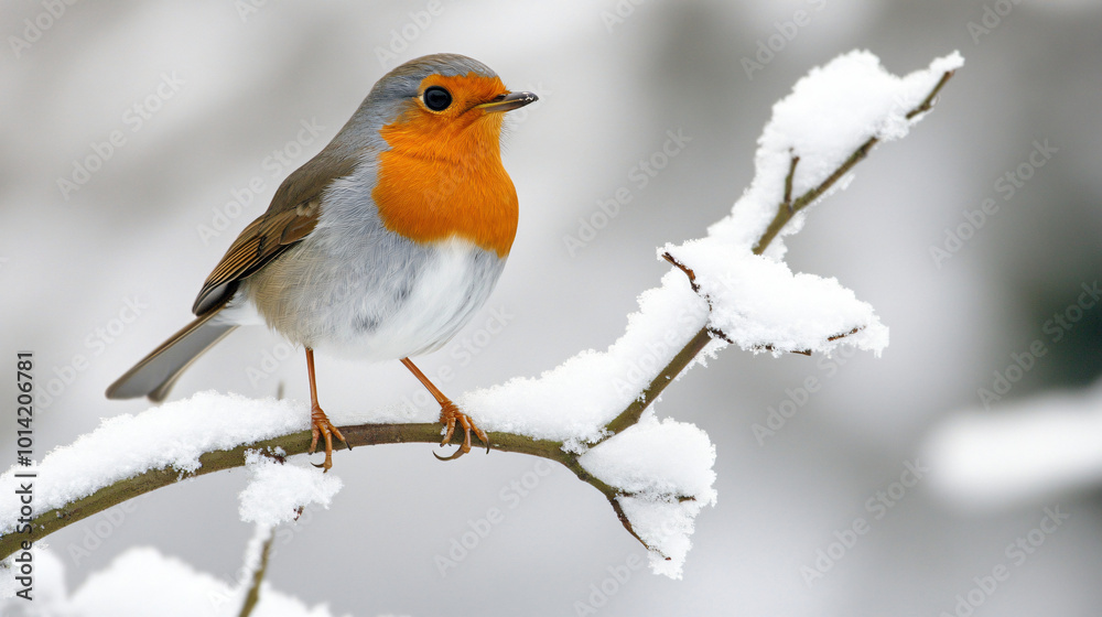 Fototapeta premium A robin perched on a snow-covered branch