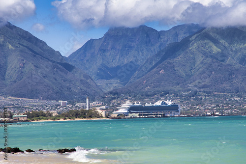 Cruise ship docked in Wailuku seen from Kanaha Beach on Maui.