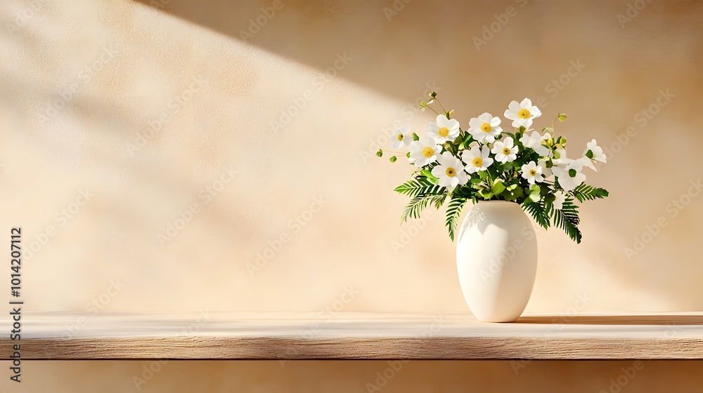 A serene arrangement of white flowers in a simple vase on a wooden shelf, illuminated by soft natural light against a warm textured wall. A serene arrangement of white flowers in a simple vase on a wooden shelf, illuminated by soft natural light against a warm textured wall.