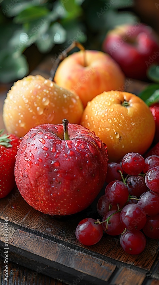 Fresh Red and Yellow Apples with Grapes and Strawberries