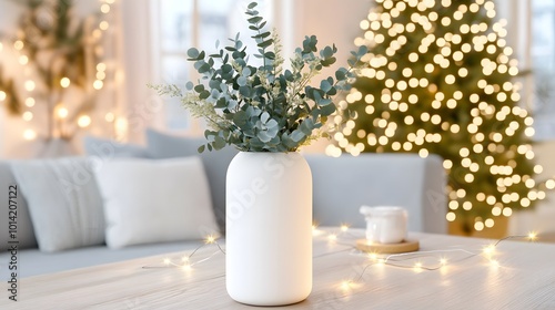 A cozy holiday setting featuring a white vase with eucalyptus, adorned by a glowing Christmas tree in the background.