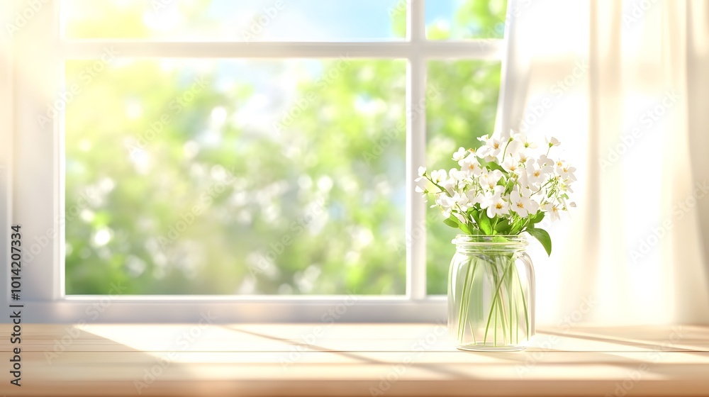 A bright, sunlit scene with a jar of white flowers on a wooden table by a window, surrounded by greenery outside. A bright, sunlit scene with a jar of white flowers on a wooden table by a window, surrounded by greenery outside.