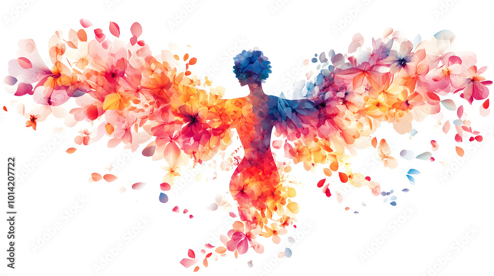 Fototapeta premium The lady has wings made of abstract, bright flowers, with soft petals forming her arms and back