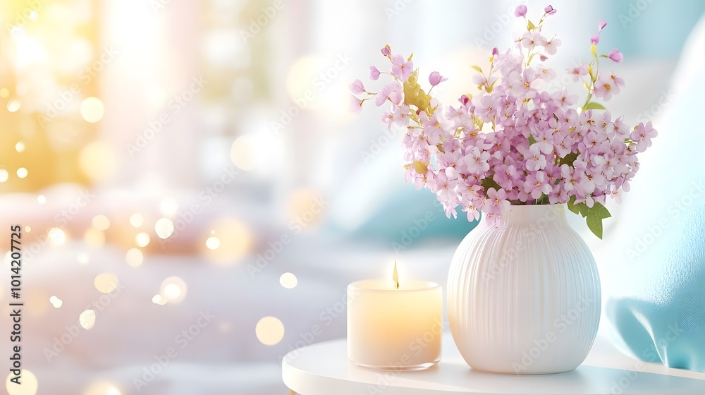 A serene interior scene featuring a vase of delicate pink flowers next to a softly glowing candle, evoking a calming atmosphere. A serene interior scene featuring a vase of delicate pink flowers next to a softly glowing candle, evoking a calming atmosphere.