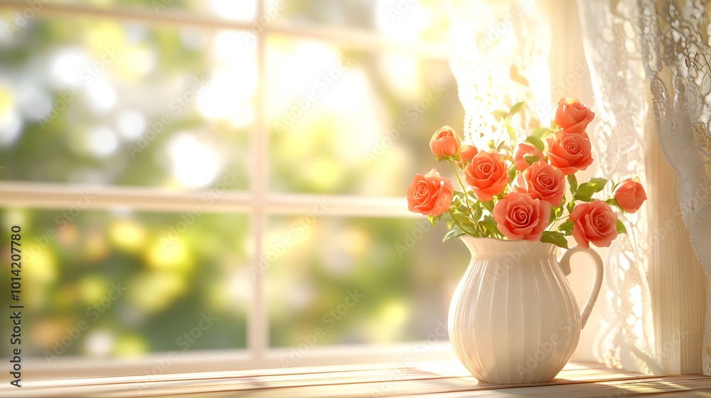 A bright scene of orange roses in a vase on a windowsill, illuminated by soft sunlight, evoking a warm and inviting atmosphere. A bright scene of orange roses in a vase on a windowsill, illuminated by soft sunlight, evoking a warm and inviting atmosphere.