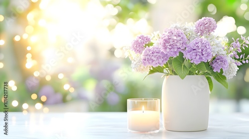 A serene bouquet of lilacs in a white vase beside a lit candle, set against a softly glowing background.