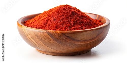 A close up shot of a wooden bowl filled with a generous amount of smoked paprika placed on a white background at a low angle, low angle, organic, cooking, aromatic, spice, rustic
