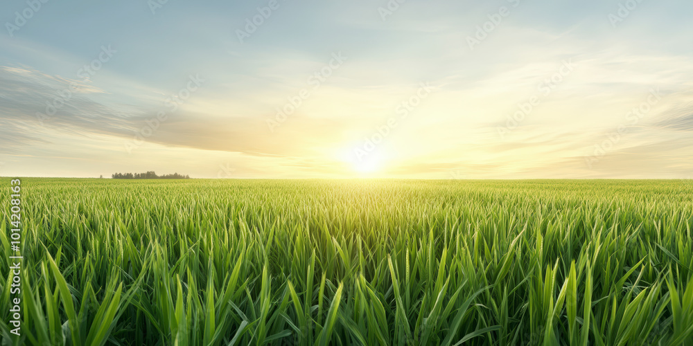 A serene sunrise over an expansive, lush green field, highlighting the peaceful beauty of rural landscapes and the beginning of a new day. A serene sunrise over an expansive, lush green field, highlighting the peaceful beauty of rural landscapes and the beginning of a new day.