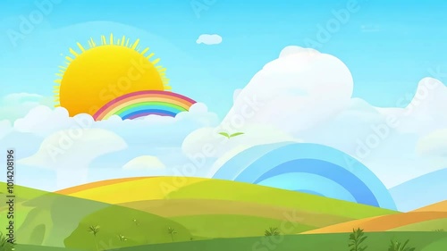 delightful cartoon animation sun withcolorful rainbow arching rolling hills providing space text logos perfect children's content HD 4K formats cloud vector sunshine design photo