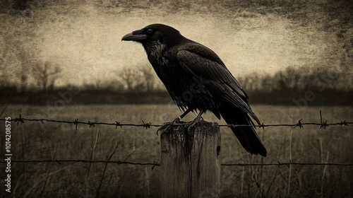 A raven perched ominously on a fence post