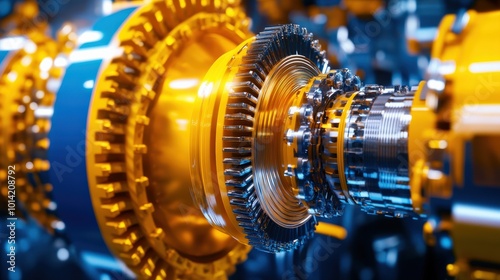 Close-up of intricate mechanical gears in a high-tech industrial machine.