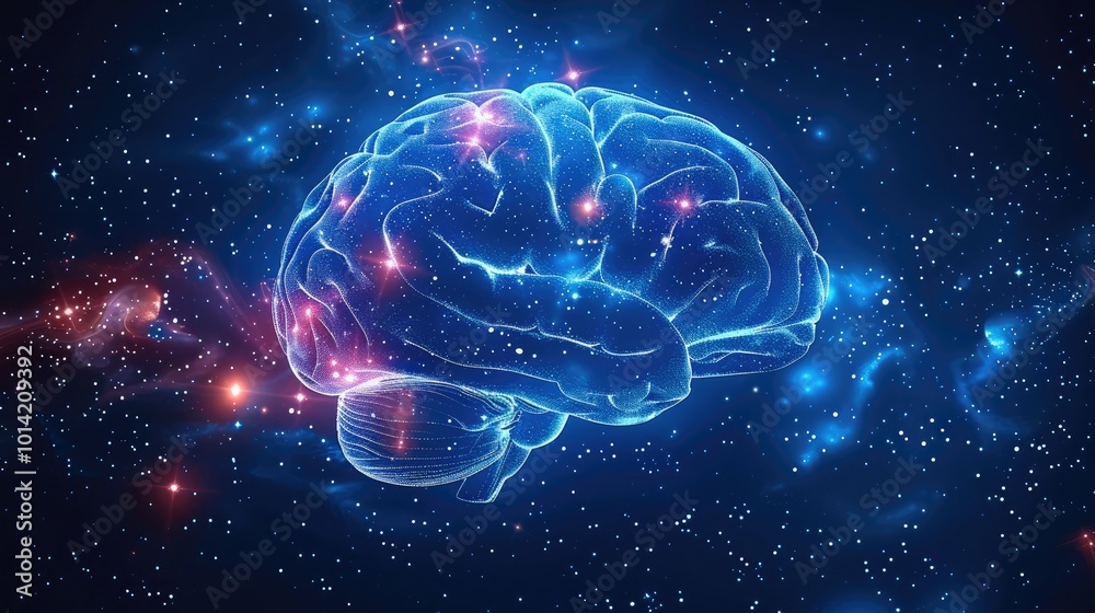 The human brain with glowing stars around it, make the brain's nerve super detailed, symbolizing intelligence and mental power on a dark blue background. The human brain with glowing stars around it, make the brain's nerve super detailed, symbolizing intelligence and mental power on a dark blue background.
