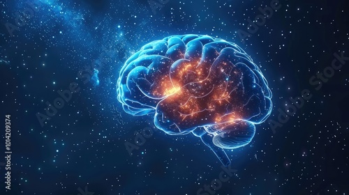The human brain with glowing stars around it, make the brain's nerve super detailed, symbolizing intelligence and mental power on a dark blue background.