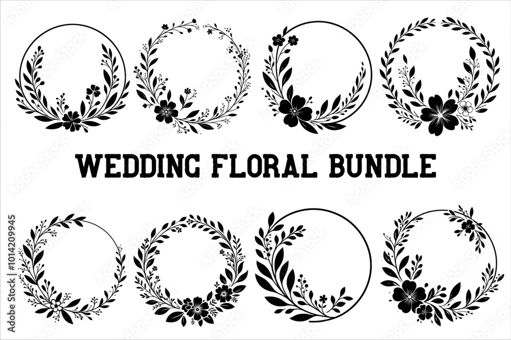 Fototapeta premium Floral round frames and plant silhouette Bundle for wedding. Frame Wedding Flower set on white background.