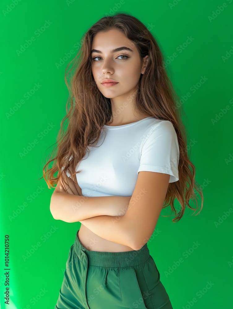 A woman in a white shirt and green pants posing for a picture A woman in a white shirt and green pants posing for a picture