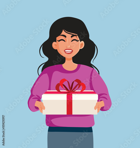 Cheerful Woman Holding a Gift Box Vector Character. Joyful festive lady celebrating with a present box 
