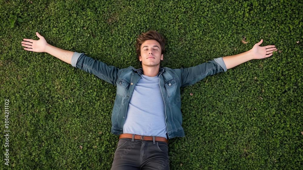 A young man laying on the grass with his arms outstretched A young man laying on the grass with his arms outstretched