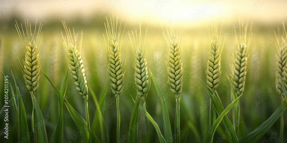 Fototapeta premium A golden field of wheat, illuminated by the warm glow of the setting sun, sways gently in the breeze, symbolizing a bountiful harvest.