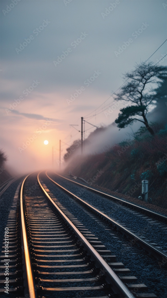 Fototapeta premium Image of railway tracks in foggy conditions
