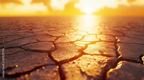 Sunset over cracked earth, highlighting drought effects.