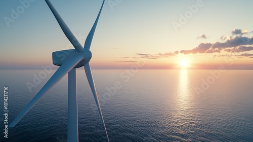 Wind turbine at sunset over the ocean.