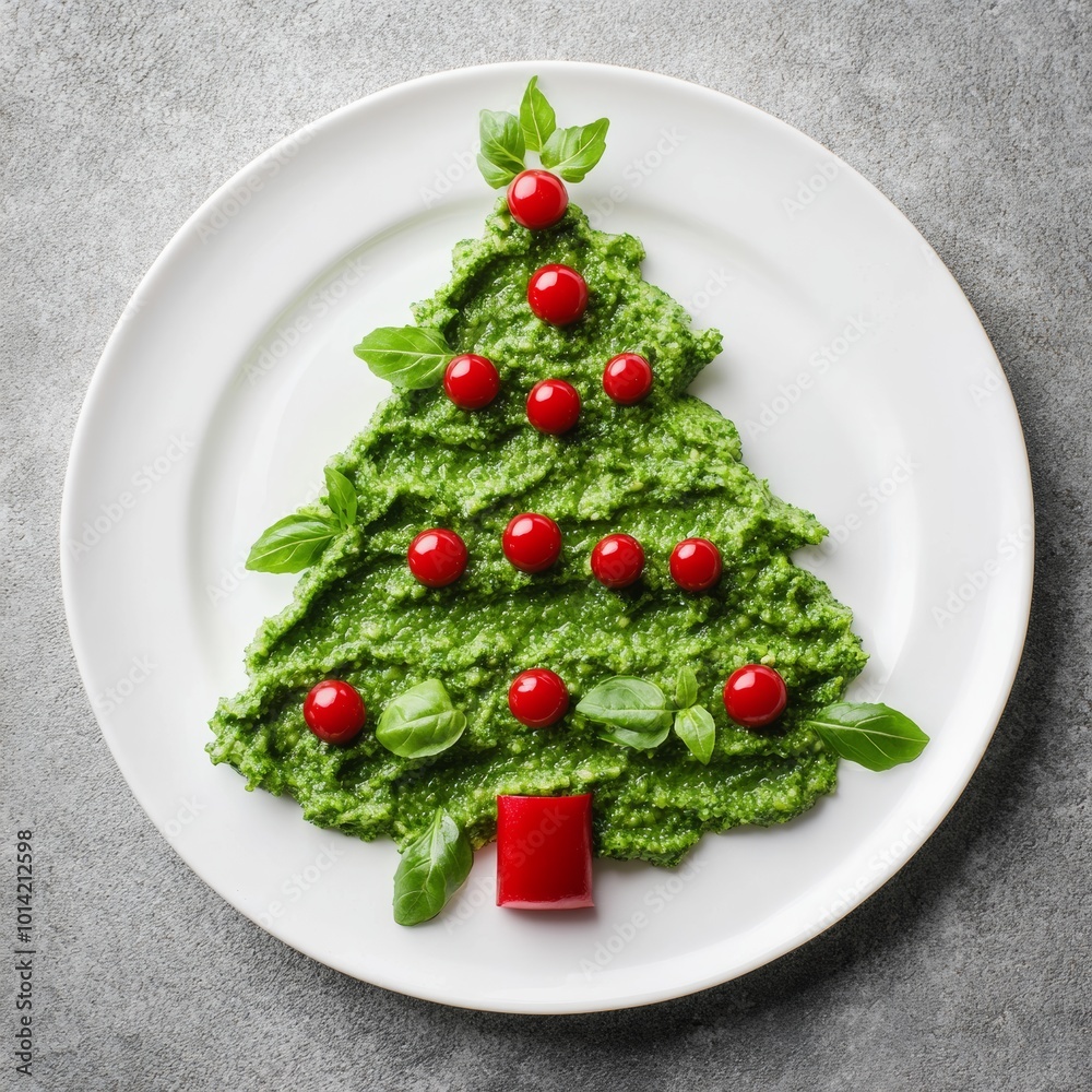 Festive Christmas tree made from vegetable puree and cherry tomatoes on a white plate for a holiday celebration Festive Christmas tree made from vegetable puree and cherry tomatoes on a white plate for a holiday celebration