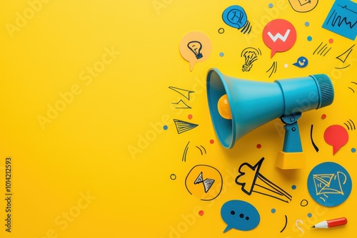 Colorful megaphone with speech bubbles on vibrant yellow background