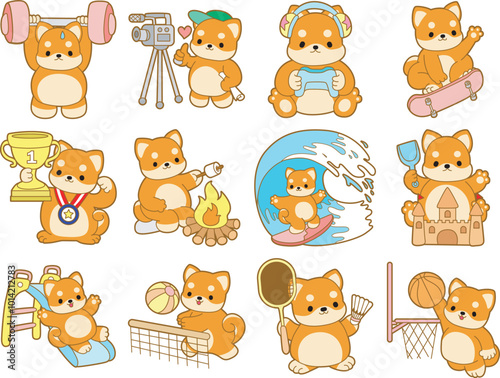 Cute puppy kawaii dog lovely animal vector icon. Fluffy Shiba Inu pet stickers. Happy doggy activities illustrations.
