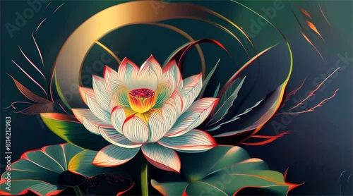 beautifully illustrated lotus flower with vibrant red and white petals, set against dark green background with golden accents, symbolizing peace and tranquility.
