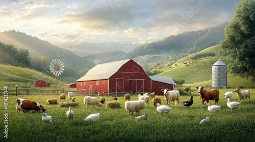 A picturesque farm scene with a red barn, silo, windmill, and various livestock grazing in a lush green field under a serene sky.