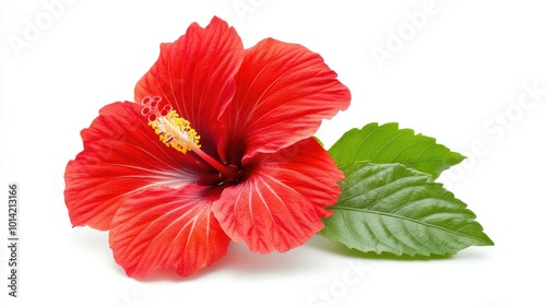 A single red hibiscus flower with green leaves isolated on a white background.