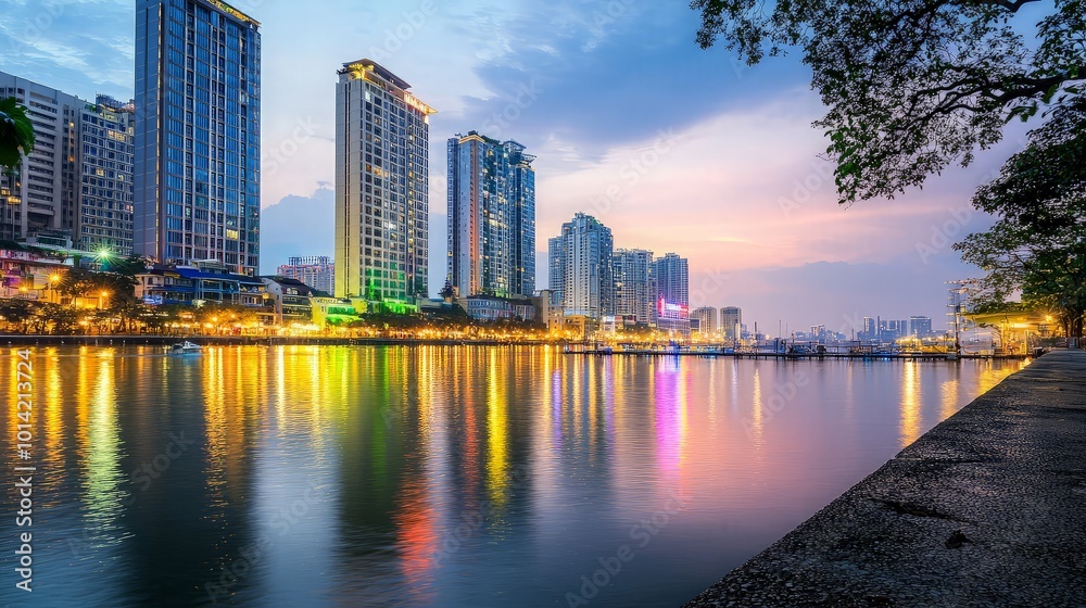 Fototapeta premium Cityscape with Reflections at Dusk