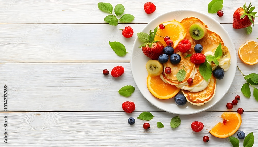Pancakes with Fresh Fruit and Mint on White Wooden Table Pancakes with Fresh Fruit and Mint on White Wooden Table