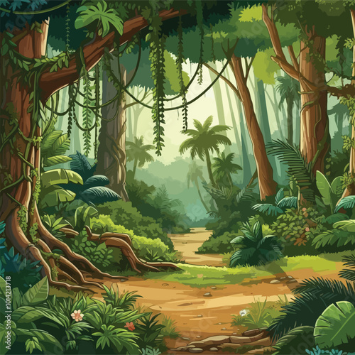 dense tropical jungle with towering trees, vines hanging from branches illustration 