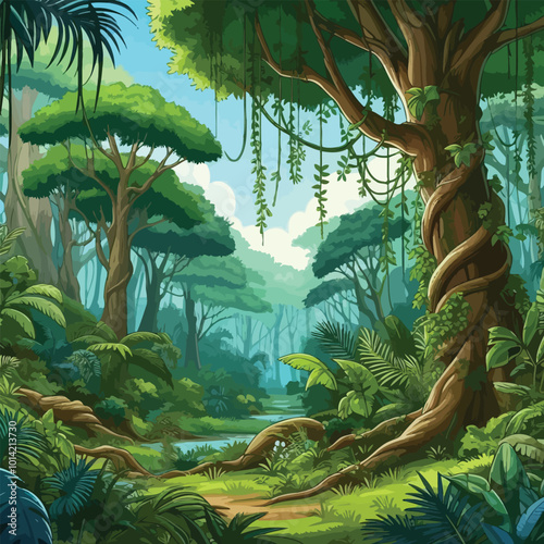 dense tropical jungle with towering trees, vines hanging from branches illustration 