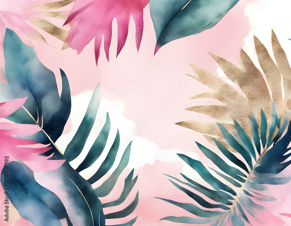 Fototapeta premium Pink palm leaves creative watercolor gilded background