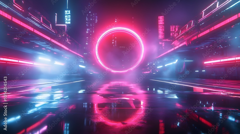 Modern futuristic neon abstract background. Large object in the center, space background. Dark scene with neon light. Reflection of light on a wet surface.