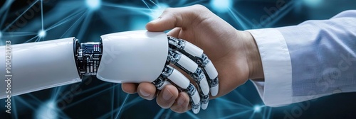 corporate negotiation artificial intelligence - human and robot shaking hands for business cooperation