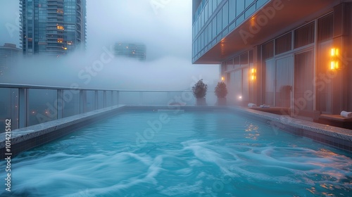 A condo rooftop spa pool, overcast, light fog.