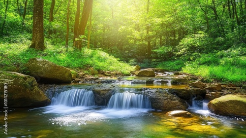 A small waterfall cascades over rocks in a lush green forest, sunlight shining through the trees.