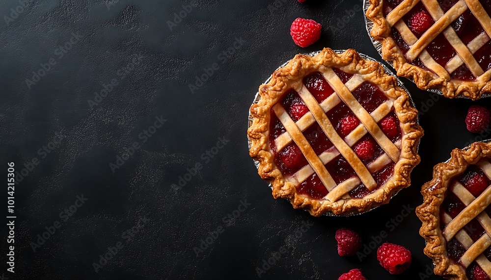 Raspberry pies with lattice crusts on a black background Raspberry pies with lattice crusts on a black background