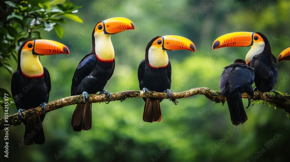 Fototapeta premium A group of toucans perched on a branch in a lush green rainforest.