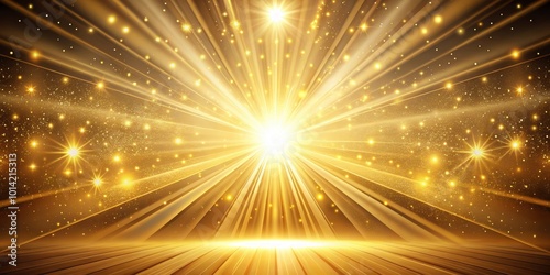 A radiant golden background with sparkling stars and a wooden platform illuminated by a brilliant light