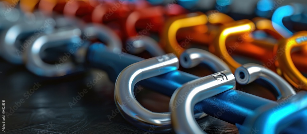 Closeup of various colorful carabiners hanging in a row ready for outdoor adventure sports and rock climbing activity These metal hooks and clips are essential equipment for climbers hikers Closeup of various colorful carabiners hanging in a row ready for outdoor adventure sports and rock climbing activity These metal hooks and clips are essential equipment for climbers hikers