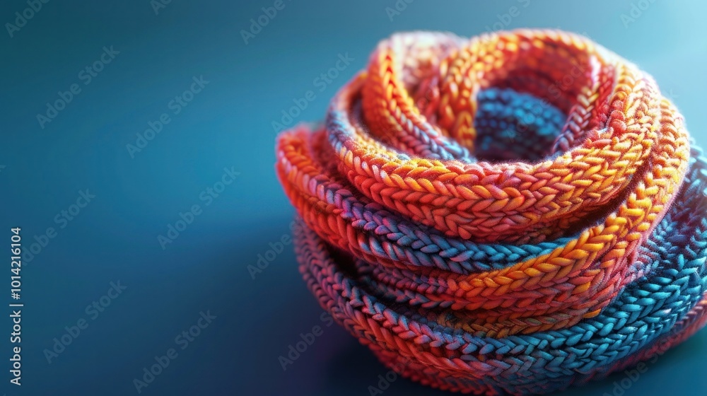 Close up of a handcrafted cozy knitted scarf made of soft woolen yarn in a spiral pattern with vibrant multicolored stripes against a solid blue background Close up of a handcrafted cozy knitted scarf made of soft woolen yarn in a spiral pattern with vibrant multicolored stripes against a solid blue background