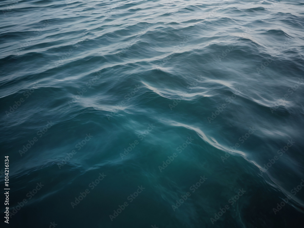 The sea’s surface dances with waves, a deep and mysterious blue.