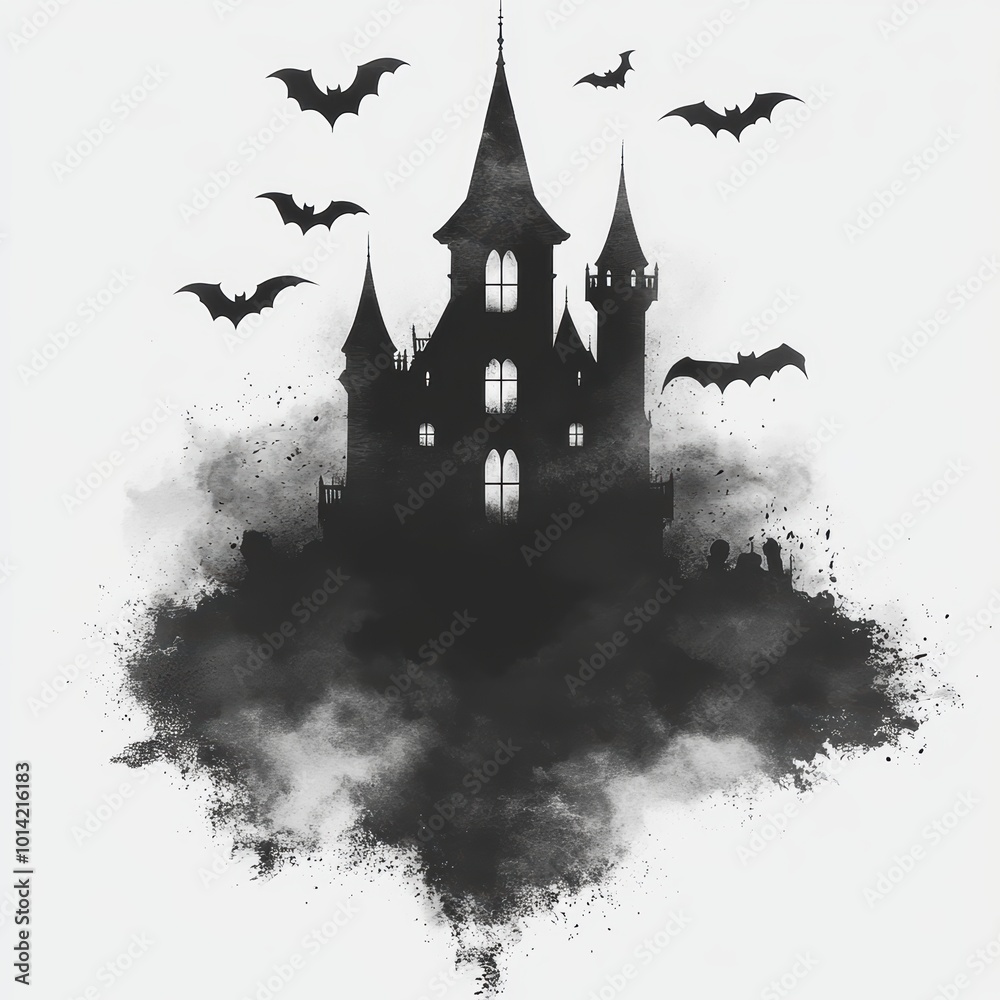 Fototapeta premium Haunted Mansion with Glowing Windows and Bats