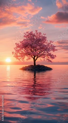 Cherry blossom tree on small island at sunset, tranquil scenery. Serenity and nature concept